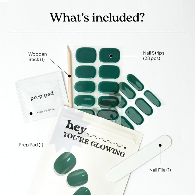 Heyhae Semi Cured Gel Nail Strips Salon Quality - Hey, You're Glowing | No UV Light Needed | Salon Quality, Easy Apply & Remove | 28 Strips, 1 Prep Pad, Nail File, Wooden Stick | Green Solid