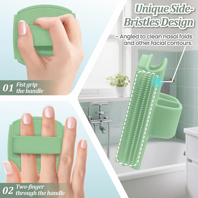 Silicone Back/Body/Face Scrubber & Scalp Massager Set 5PCS, 13.4'' Soft Back Scrubber, 360° Anti-Slip Bath Glove, Unique Side-bristled Face Scrubber, Shampoo Brush for All-round Cleaning(Green)