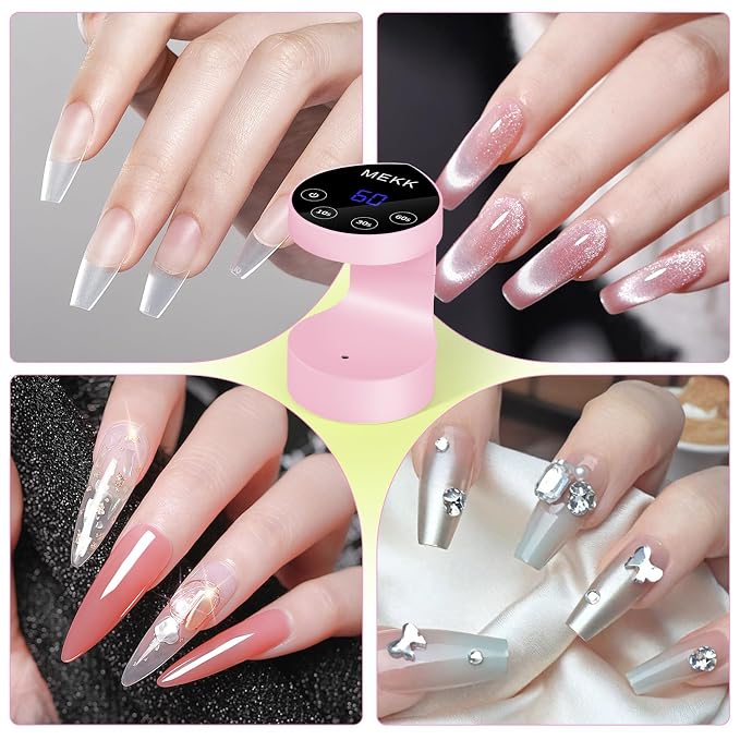 MEKK Mini Flash Cure Nail Lamp, Small UV Light for Gel Nails | Auto Senser,8 LED Beads, 4 Timer Settings, Peach-Shaped, Compact for Travel/Home Use, Fits Single Finger Gel Nails-Pink