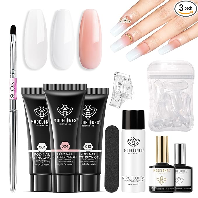 Modelones Poly Gel Nail Kit 3 Colors Clear White Apricot with Slip Solution | Dual Nail Forms Top Base Coat Extension Builder Gel Polygel Toenail Kit DIY Nail Art Salon Use