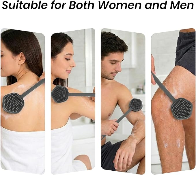 Redfly Silicone Back Scrubber for Shower Brush, 17 inch Long Handled Silicone Body Scrubber for Men & Women, Double Sided Shower Scrubber for Body Brush Exfoliator and Massage, Gray