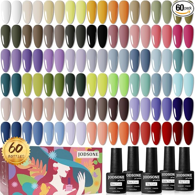 JODSONE 60 PCS Gel Nail Polish Set All Seasons No Wipe Base Coat Matte Glossy Top Coat Nail Gel Polish Kit for Starter Manicure DIY at Home Enjoy Fun