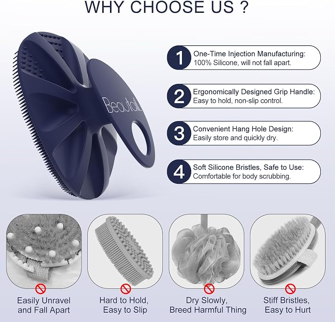 Silicone Body Scrubber, BEAUTAIL Gentle Exfoliating Brush on Sensitive Skin | Soft Shower Scrubber for Body, Hygienic Silicone Loofah, Bathroom Essentials Brush for Women, Men & Kids, 1-Pack, Blue