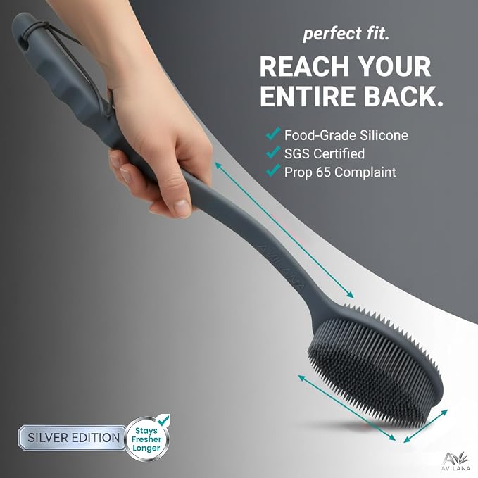 Avilana Silicone Body Scrubber for Shower – SGS Certified Food Grade Dual Sided Bath Brush, Gentle Exfoliating Silicone Loofah Alternative, Sensitive Skin Body Brush (Dark Gray-Silver, Long Handle)