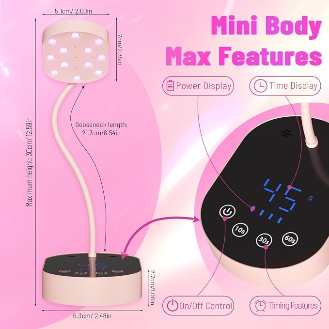 Flash Cure lamp, 36W Mini Cordless Gel x Nail Lamp Flash Cure, Auto Sensor Gooseneck Portable USB Gel Nail Dryer U V Light with 3 Timers and LCD Display for Home DIY