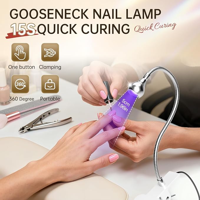 AORAEM U V Nail Lamp U V Light for Nails U V Gel Nail Lamp Silver | Gooseneck and Clamp for Gel Nails Quicky Dry Portable Flash Cure Light for Gel Nails Home DIY