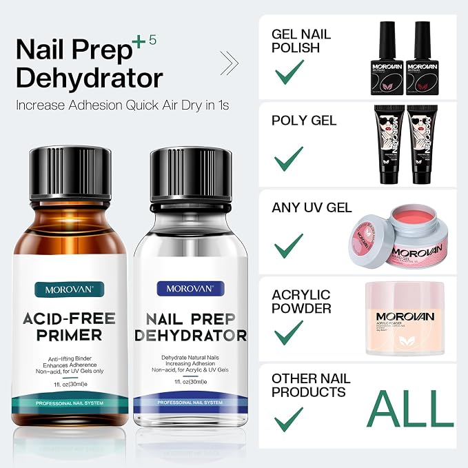 Morovan Nail Primer And Natural Nail Prep Dehydrate Set, Fast Air Dry For Gel Polish & Acrylic Powder, Gel Primer and Dehydrator 30ml / 1oz