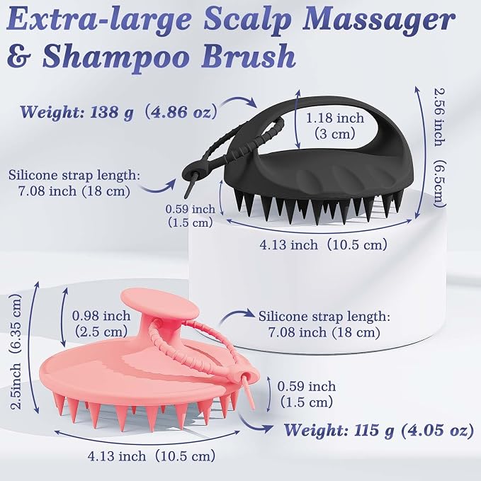 Manmihealth Large Hair Scalp Scrubber, One-piece Silicone Scalp Massager | Long Bristles Shampoo Brush for Dandruff Removal and Hair Growth with Hang Strap, Wet Dry Use (Pink+Black)