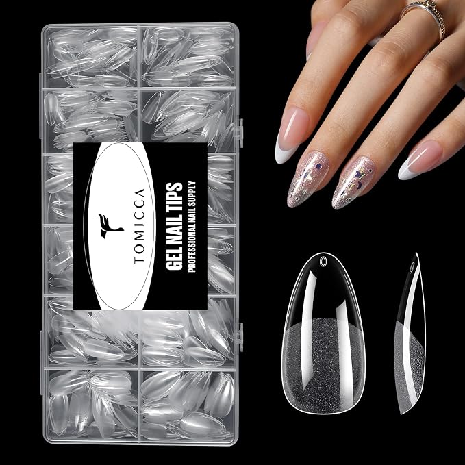 TOMICCA Medium Almond Nail Tips, 240Pcs Half Matte Pre Shaped No Filing Almond Nail Tips, 15 Sizes Full Cover Clear Acrylic Nails for Nail Art, Gel Nail Extension Tips for Beginners & Professionals