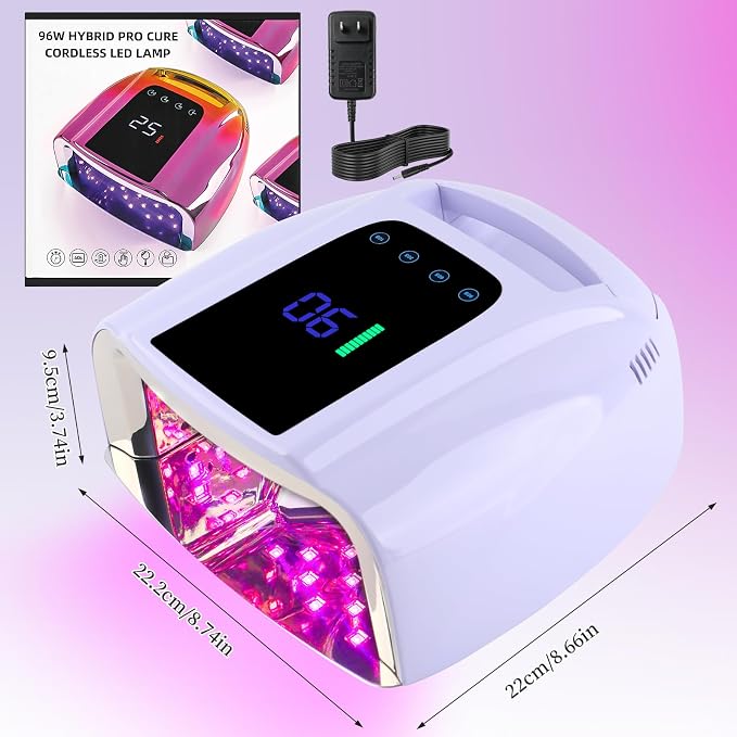 96W Rechargeable UV LED Nail Lamp, Cordless UV Light for Nails with LCD Display Auto Sensor, 4 Timer Setting and Smart Sensor Nail Dryer,Nail Cure Light with Removable Bottom(Violet)