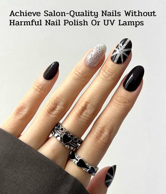 Nail Polish Strips - No UV Lamp Needed (Saint Black Glitter) | 22 Pcs Salon Quality Gel Nail Stickers - Long Lasting Wraps Easy Application and Removal