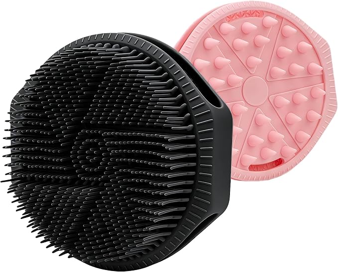 Silicone Body Scrubber for Men Women, Dual-Sided Bath Brushes Gentle Exfoliating Body Scrubber Scalp Massager for Deep Cleansing, Soft Silicone Loofah Body Washing Brushes (Black+Pink)