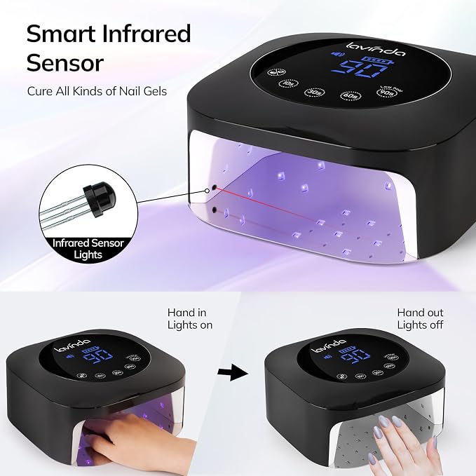 Lavinda UV Nail Lamp for Gel Polish, Professional UV Light Nail Dryer Black | Gel Nail Lamp Cordless, Rechargeable Fast Curing Lamp with 4 Timer Setting Auto Sensor, 54W, 36 Dual Wavelength Lamp beads
