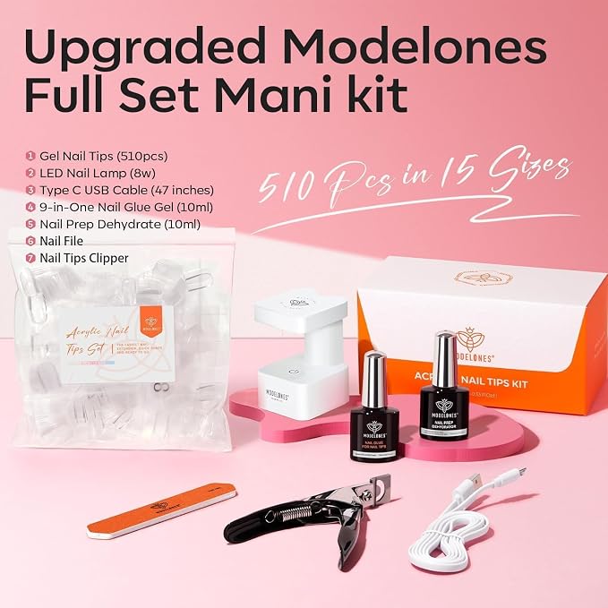 modelones X Nail Gel Kit,9-in-One Glue Prep Dehydrator & Portable Led Lamp | 15Sizes Pre-shaped Gel Nail Tips Short Almond Shape, 510Pcs Press On Extension Kit Gift for Women
