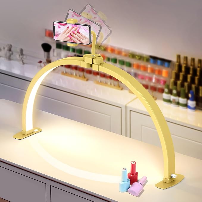 Yokilly Half Moon Light for Nail Desk: 29" Foldable Nail Light for Desk | Arch Nail Tech Light with Phone Holder for Beginner - 3 Color Modes & 10 Brightness for Manicure Salon-Gold