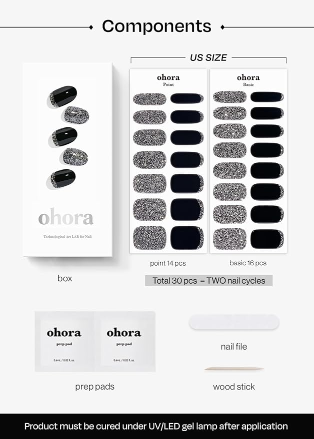 ohora Semi Cured Gel Nail Strips (N Party Night) - Dark, Glitter, Works with Any UV/LED Lamps, Salon-Quality, Long Lasting, Easy to Apply & Remove - Includes 2 Prep Pads, Nail File & Wooden Stick