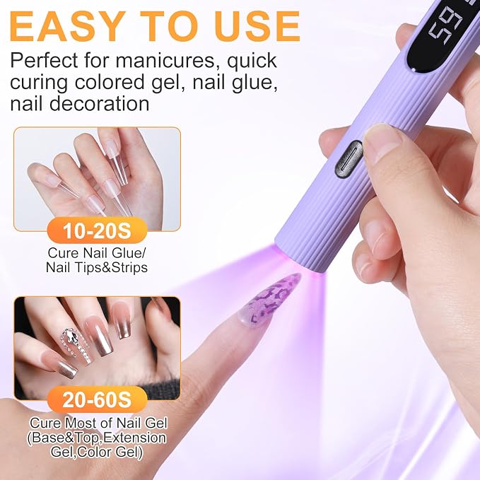 Handheld UV Light for Gel Nails, Purple Gel Light for Nails Cordless Nail Lamp with LCD Display Fast & Even Curing for All Gel Types Rhinestone Glue Decoration DIY at Home Salon, Travel