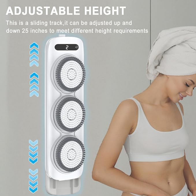 Electric Back Scrubber for Shower, Wall Mounted Electric Shower Back Scrubber, Dry Brushing Body Brush for Bathing, Cleansing, Exfoliating and Massaing, with 3 Spin Skin Bath Brush Heads