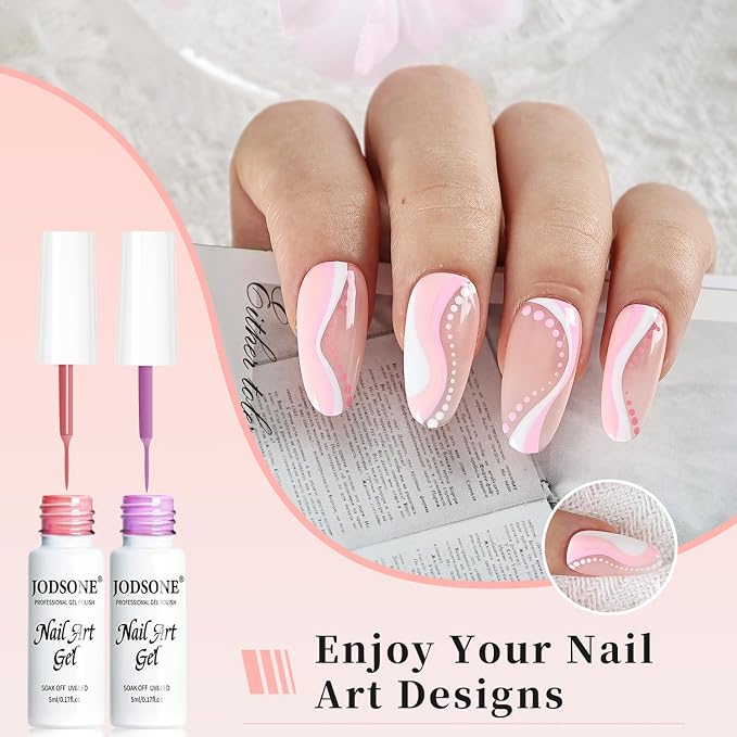 JODSONE 5ml Nail Art Gel Liner Set 10 Colors Gel Nail Polish Need U V Lamp Cured with Thin Brush Gift for Girls at Home Salon Design,Pink Red Blue Purple