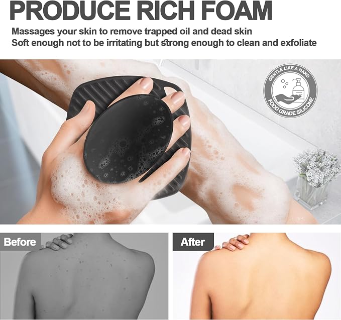 Silicone Body Scrubber, Bath Brush, Gentle Texture Exfoliating Body Scrubber for Men and Women On Sensitive Skin, Soft Scrubber Produces Build Up Lather, Deep Skin Clean (Black)