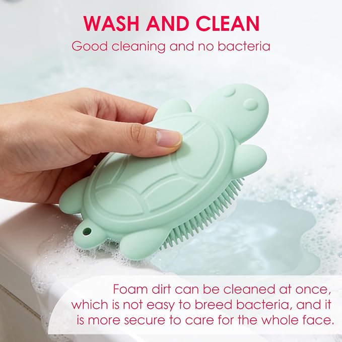 Baby Shower Brush,Kids Silicone Body and Back Exfoliating Mitt - Soft Bristles, Gentle Exfoliation, Cute Turtle Design Makes Children Love Bathing(Mint)