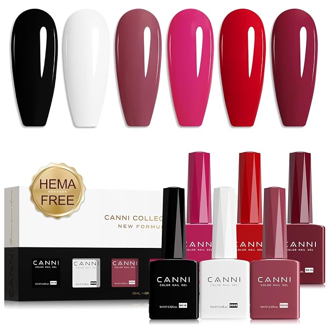 CANNI 9ML Gel Nail Polish Set, 6 Classic Shades UV LED Soak Off Gel Polish | Smooth Application • Highly Pigmented • Glossy Finish • Long-Lasting Wear • Nail Art • Salon DIY Manicure • Easy Application