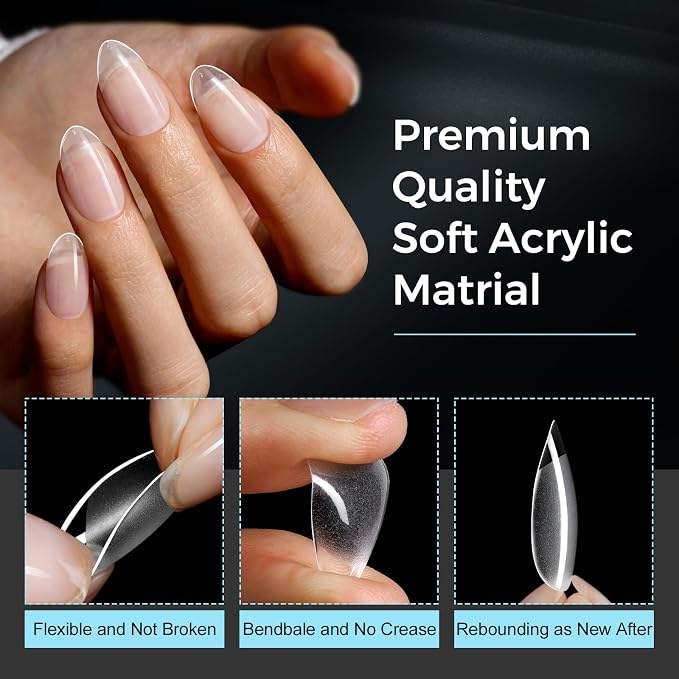 TOMICCA Short Almond Nail Tips, Pre-Shaped Half Matte Clear Full Cover Nail Extension Tips, 240PCS 15 Sizes, Gel Nail Tips for Acrylic/Gel Extensions, Natural Look