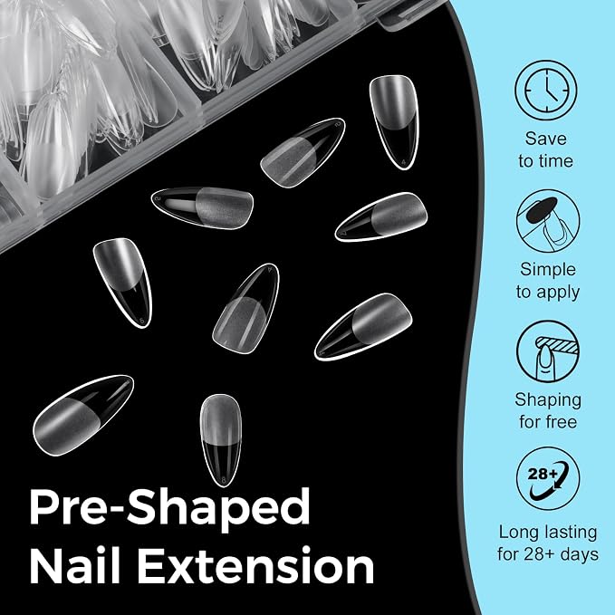TOMICCA Medium Almond Nail Tips, 240Pcs Half Matte Pre Shaped No Filing Almond Nail Tips, 15 Sizes Full Cover Clear Acrylic Nails for Nail Art, Gel Nail Extension Tips for Beginners & Professionals
