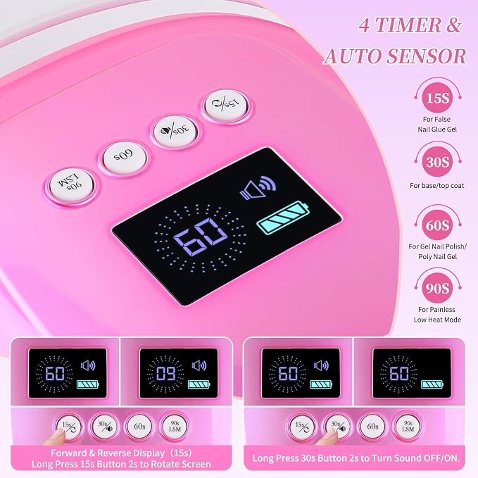 126W Rechargeable UV LED Nail Lamp, Portable Cordless Nail Dryer with Auto Sensor and 4 Timer Settings, Professional Curing Lamp for Gel Polish and Salon (Plating Pink)