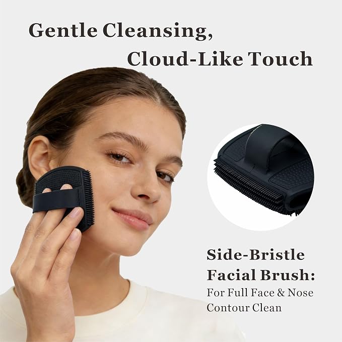 Silicone Body Scrubber & Face Scrubber Set, Shower Scrubber with Soft Bristles, Non-Slip Scrubbies for Body, Face Scrubber Exfoliator for Sensitive Skin(Black+Black)