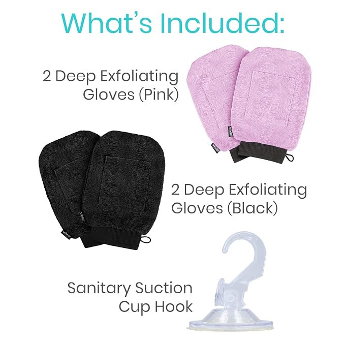 Vive Exfoliating Mitts for Body (4 Pack) - Scrub Gloves with Soap-Saver | Pocket - Body Exfoliate Shower Dead Skin Remover - Deep Microdermabrasion Exfoliator for Kerastosis Pilaris - Premium