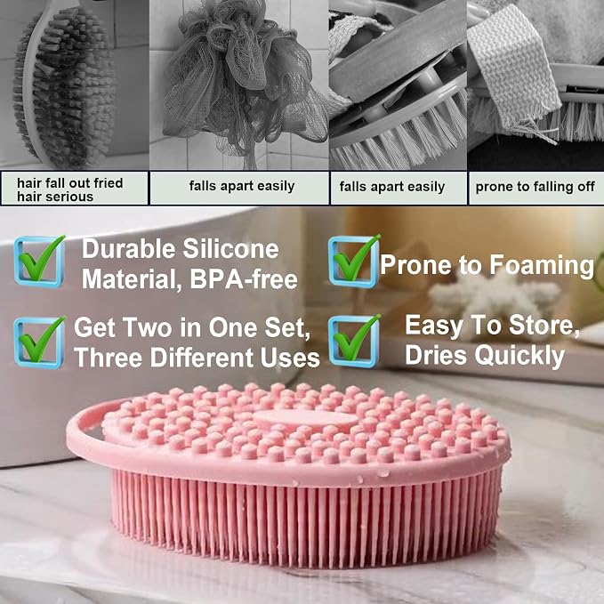 Silicone Body Scrubber – Dual-Sided Silicone Loofah for Shower, Set of 2 Soft Exfoliating Body Bath Shower Scrubber Loofah Brush Easy-to-Clean for Sensitive Kids Women Men All Kinds of Skin
