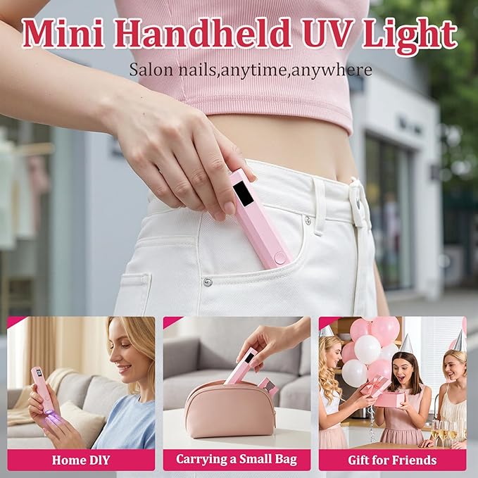 Handheld UV Nail Light with Stand, Mini Hand Held Nail Lamp with LED Display, Rechargeable Flash Cure Nail Lamp, Settings 20/60s Timer, Small Nail UV Light for Gel Nails Polish Home DIY, Pink