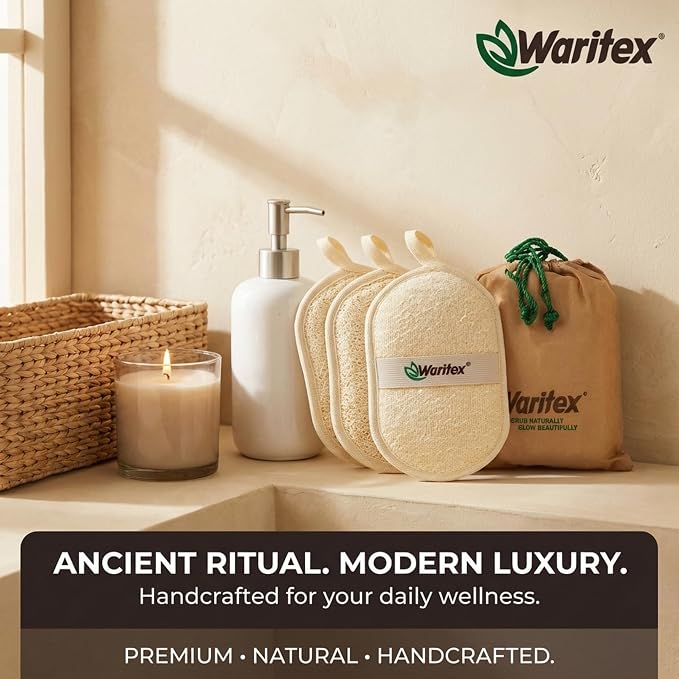 Waritex Organic Egyptian Loofah Oval Exfoliating Body Scrubbers [3 Pack] | Natural Loofah Shower Pads with Hand Strap for Gentle Skin Exfoliation, Smooth & Refreshing Skin, Face & Body Spa Experience