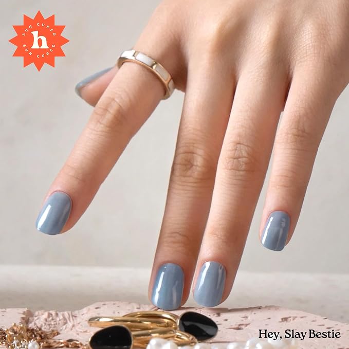 Heyhae Semi Cured Gel Nail Strips Salon Quality - Hey, Slay Bestie | No UV Light Needed | Salon Quality, Easy Apply & Remove | 28 Strips, 1 Prep Pad, Nail File, Wooden Stick | Blue Jelly