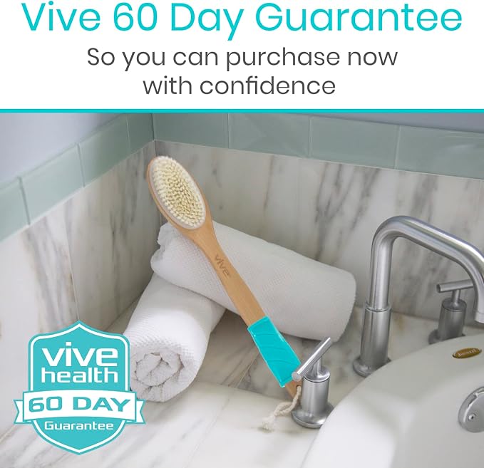 Vive Back Scrubber for Shower – Long Handle Dry Brushing Body Brush | Soft & Stiff Bristles – Exfoliating Shower Loofah & Bath Scrubber Cleaner for Women, Men, Elderly – Antiskid Grip