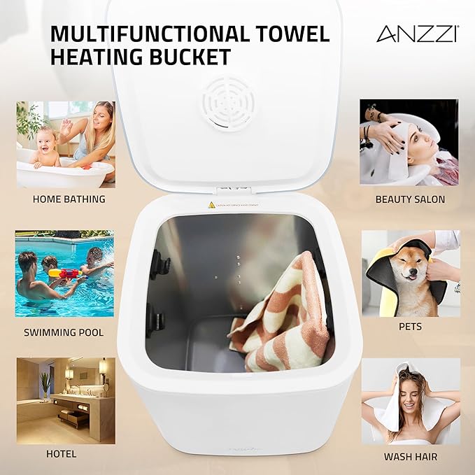 ANZZI 23L Luxury Bucket Towel Warmer – Large Capacity, LED Display, Adjustable Timer, Flip-Top Lid, Child Safe, Auto Shut-Off | TW-AZ028WHB