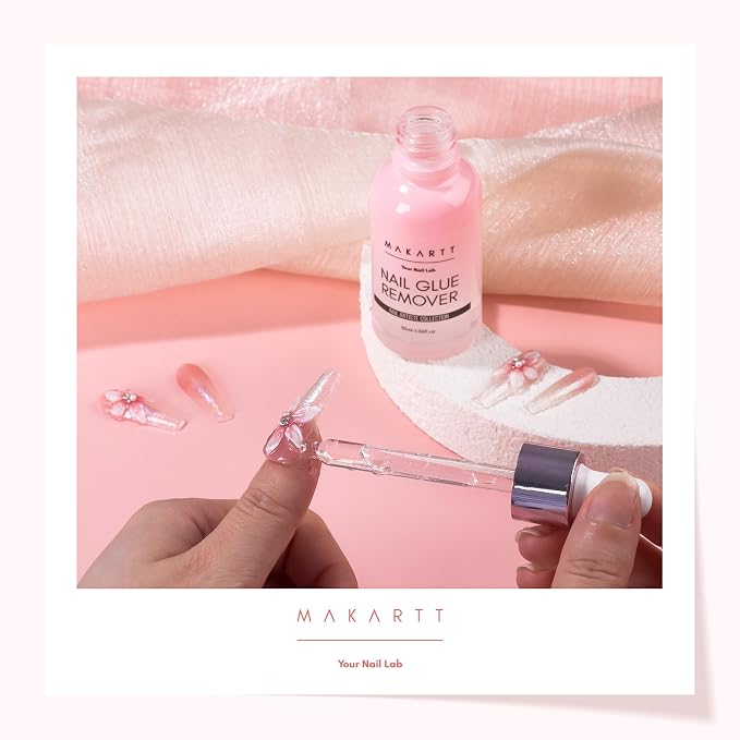 Makartt Gentle Press On Nail Glue Remover with Vitamin E, 30 ML Non-Acetone | Hema Free & TPO Free, Easy Removal For Regular / Semi / Solid Glue, Includes 1 Dropper 4 Cuticle Sticks, Not for Gel Polish