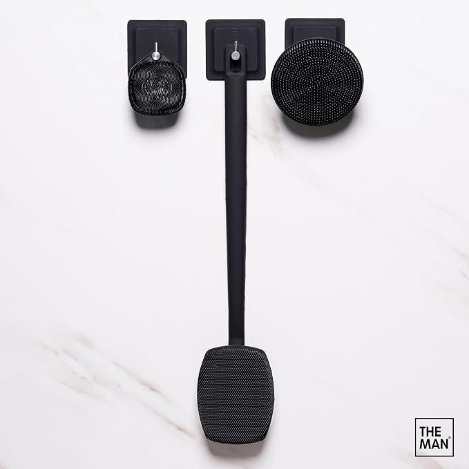 The Man Scrub Box - Complete Shower Scrubber Set for Men | Complete face, body and back shower scrub set with hooks for exfoliation, smoother-feeling skin and storage.