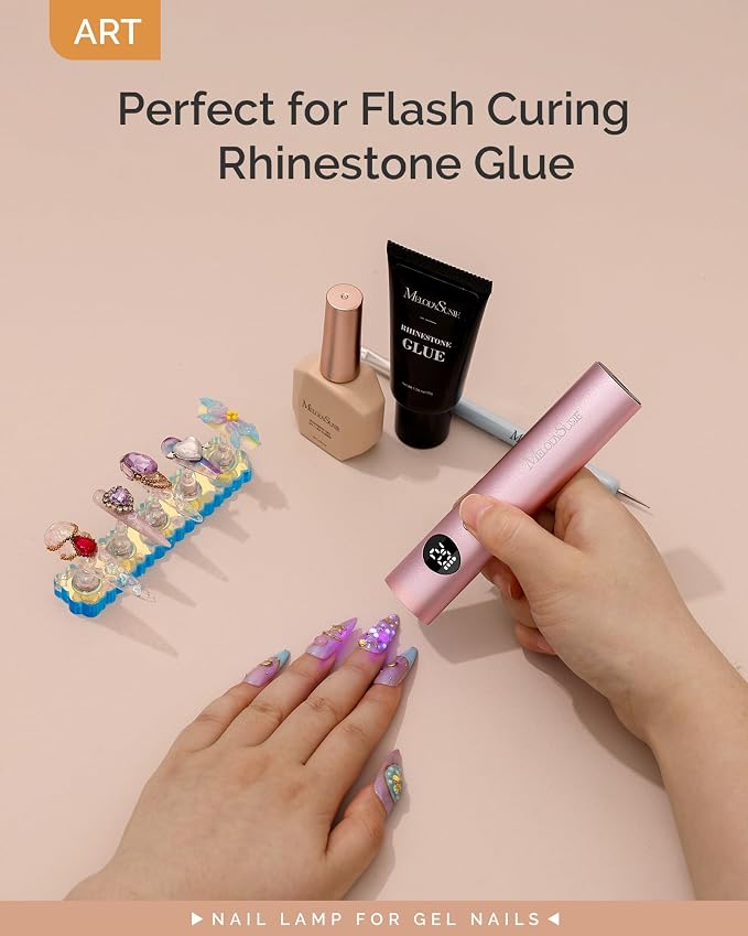 MelodySusie Handheld Flash Cure Nail Lamp P-ART01G Cordless Mini Nail Light | Optical Lens Enhance Spot Cure Builder Glue & Gel-X Tips, 20s/60s Timer, LCD Display, 450mAh Battery