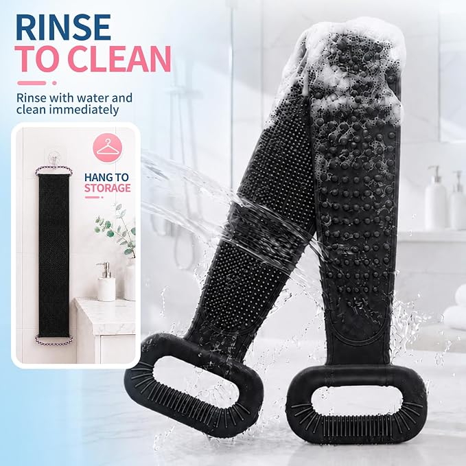 Manmihealth Silicone Back Scrubber for Shower & African Net Sponge Set | 36'' Dual-Sided Back Washer & African Long Bath Sponge, Extendable Long Silicone Body Brush (Black+Black)