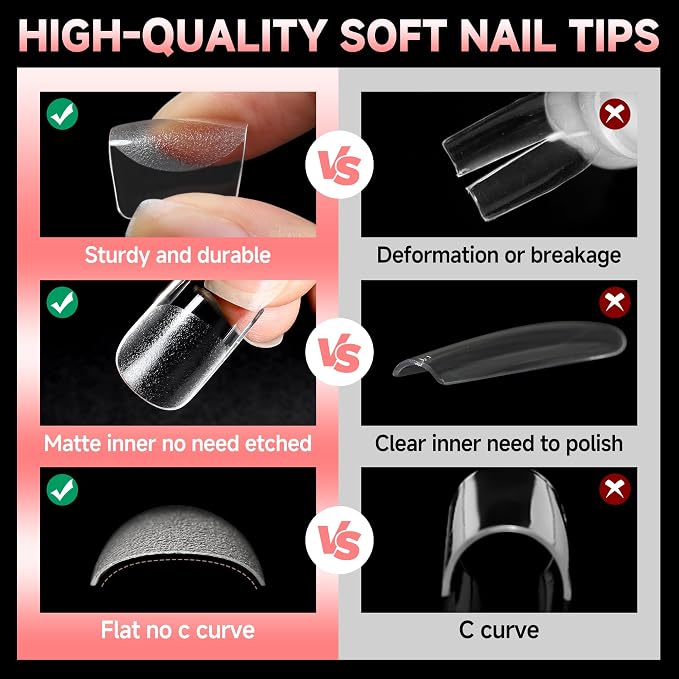 UNA GELLA 600Pcs Short Square Gel Nail Tips, Short Nail Tips Square | Pre Etched Soft Gel Press on Nails Full Cover No C Curve For Women Girl DIY French & Chrome Style Salon At Home 12 Sizes
