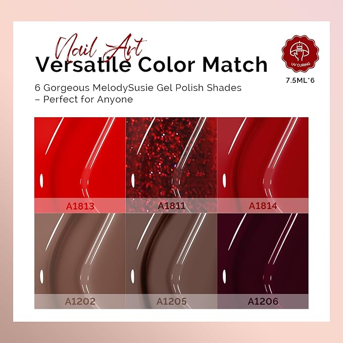 MelodySusie Red Brown Gel Nail Polish Set - 6 Colors Burgundy Red Glitter Beige Brown Soak Off UV LED Gel Polish Gift for Women Nail Art Manicure Salon DIY Nail Design Decoration at Home