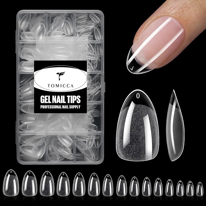 TOMICCA Short Almond Nail Tips, Pre-Shaped Half Matte Clear Full Cover Nail Extension Tips, 240PCS 15 Sizes, Gel Nail Tips for Acrylic/Gel Extensions, Natural Look