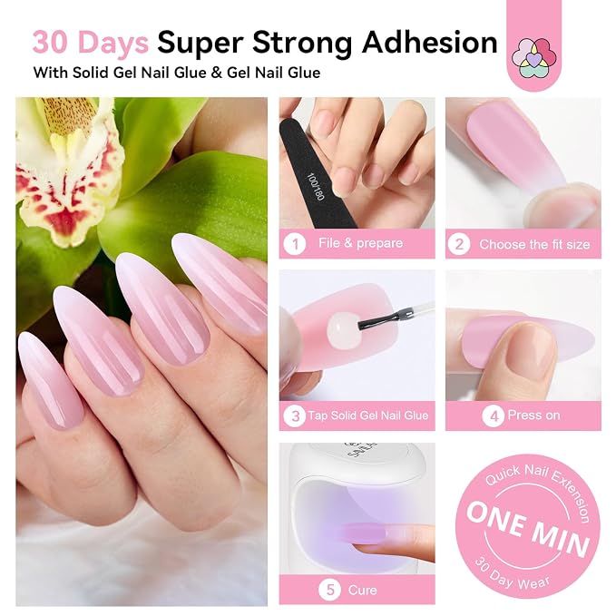 SAVILAND Press On Almond Nails: 4-In-1 Tips With Glue, White Pink Ombre Medium, 256 Pcs False Tips, Strong Glue, Mini Lamp, Electric Drill, Nail Stuff for Home