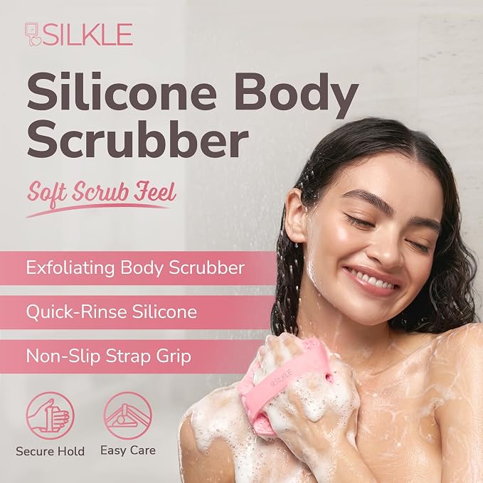 SILKLE Silicone Body Scrubber Exfoliator, Shower Scrubber & Silicone Loofah | Exfoliating Body Scrubber, Non-Slip Grip - Silicone Bath Brush & Shower Brush for Body, Quick-Rinse One-Piece Design - Pink