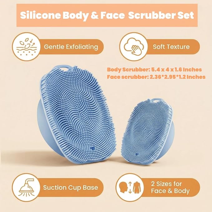 Soft Silicone Body Scrubber, Face Scrubber Silicone, Gentle Texture Exfoliating Body Scrubber for Men and Women On Sensitive Skin, Back Large Suction Cup for Easy Dry and Store (Blue)