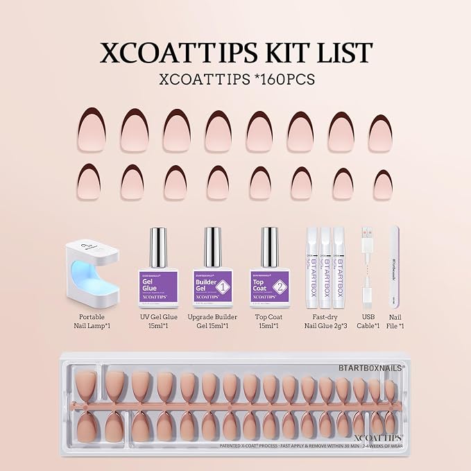 BTArtboxnails XCOATTIPS SkinTone French Tip Press On Nails Kit, S Almond | Lamp-Curable, 4-Week Wear, Salon Quality Value at Home, 160 Nail Tips, Glue, Builder Gel, Top Coat, Nail Lamp, All-in-one Kit