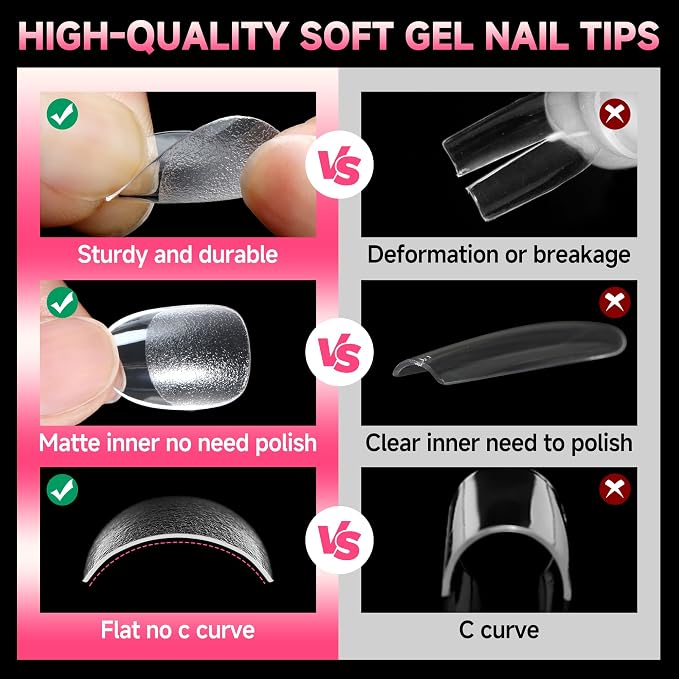 UNA GELLA Short Oval Round Nail Tips Pre-shaped Half Matte 120pcs | Short Oval Round Soft Gel Nail Tips Full Cover Clear Acrylic Fake Nails for Press on Nail Extensions Home DIY Salon 12 Sizes
