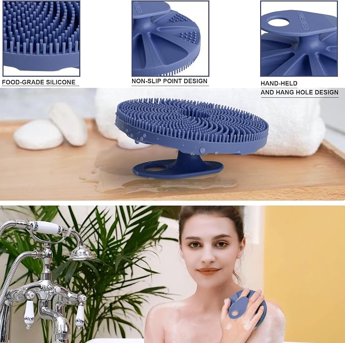 Food-Grade Silicone Body Scrubber Exfoliating & Massaging Brush, Dark Blue | INNERNEED Hygienic Shower Scrub Skin Wash Bath Tool for All Skin Types, Lathers Well, Longer Service Life